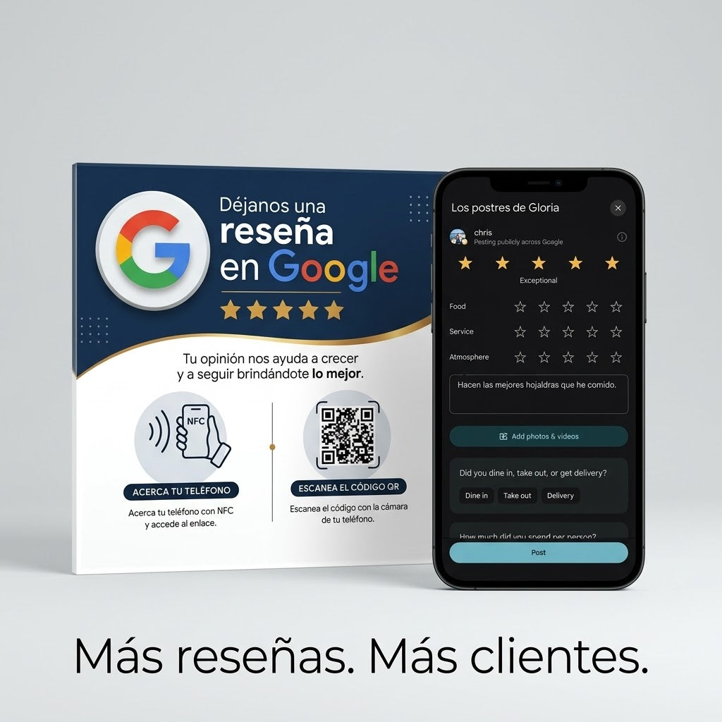 Placa de reseñas Google con NFC y QR · 15 × 15 cm