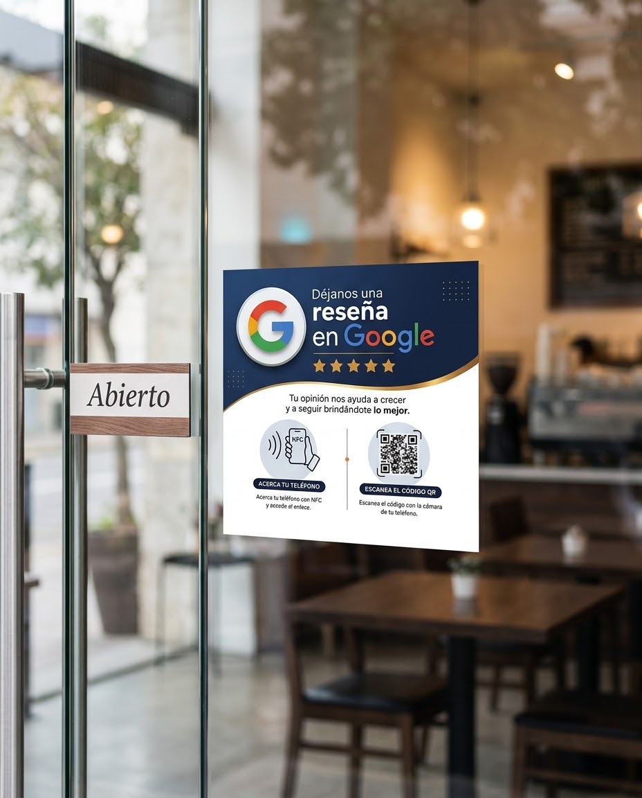 Placa de reseñas Google con NFC y QR · 15 × 15 cm