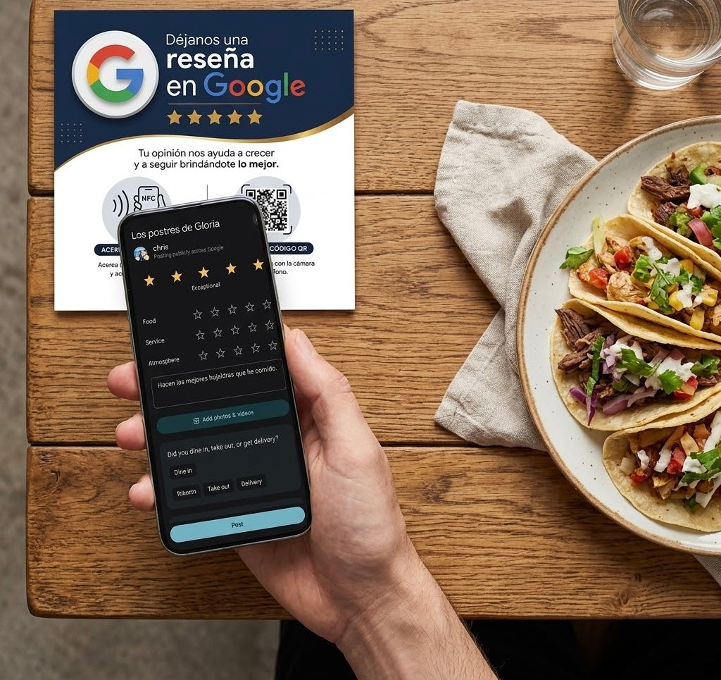 Placa de reseñas Google con NFC y QR · 15 × 15 cm