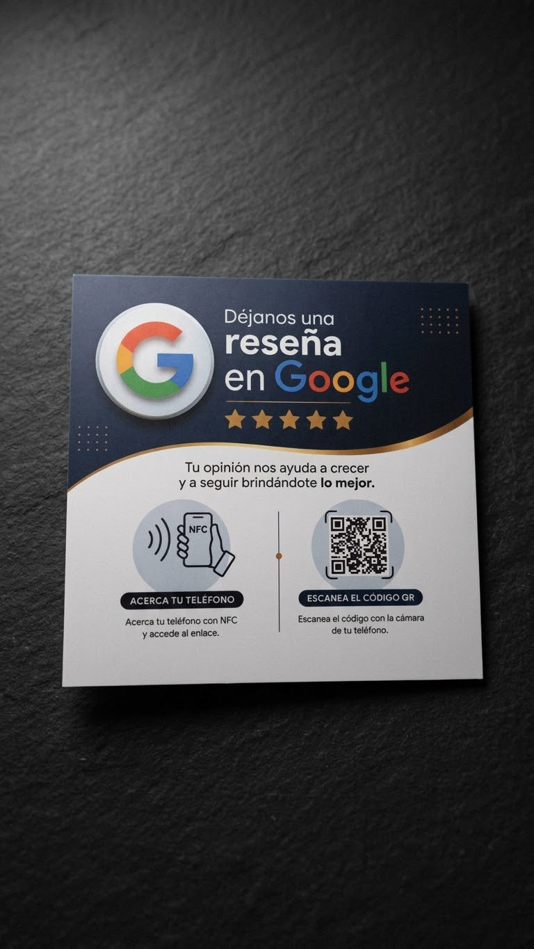 Placa de reseñas Google con NFC y QR · 15 × 15 cm